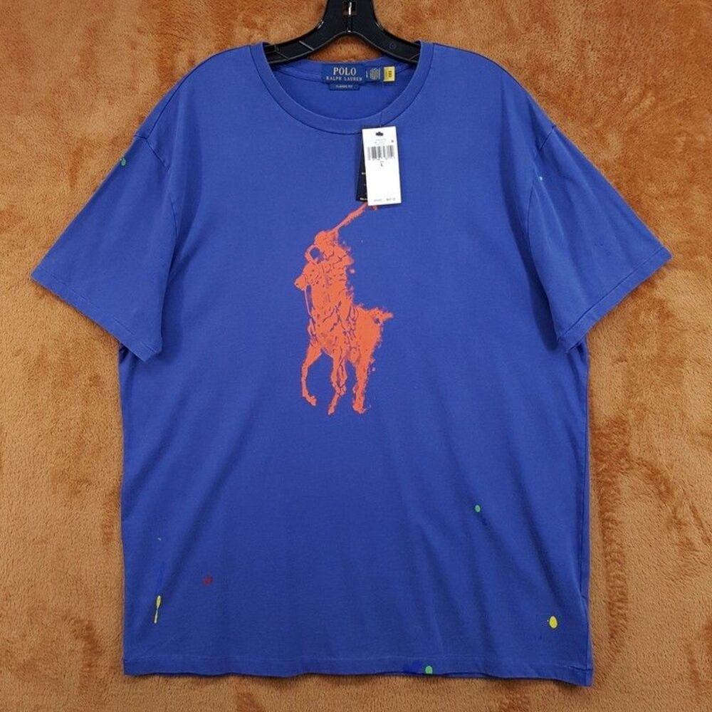 POLO RALPH LAUREN Shirt Mens Large Blue Crew Big Pony Splatter Paint T-Shirt Tee